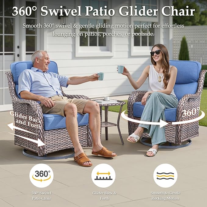 Luxury Patio Furniture Set with Fire Pit Table-4 Pieces High Back Wicker Swivel Rocker Chairs with 6" Extra Thick Cushions, Outdoor Patio Conversation Sets for Porch Deck(Brown/Blue)
