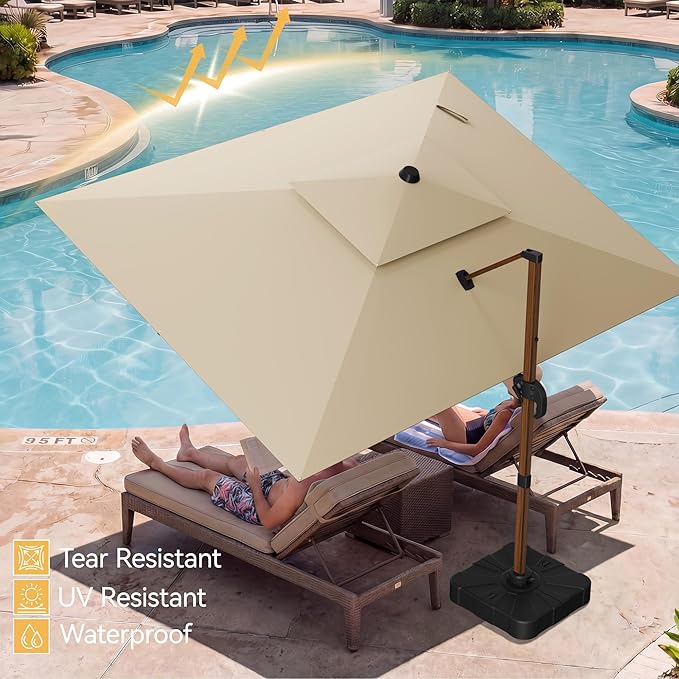 10x13 FT Wood Pattern Patio Umbrella, Large Deluxe Cantilever Rectangular Double Top Heavy Duty Offset Umbrellas with 360° Rotation, Outdoor shade for Garden Deck Pool Patio, Beige