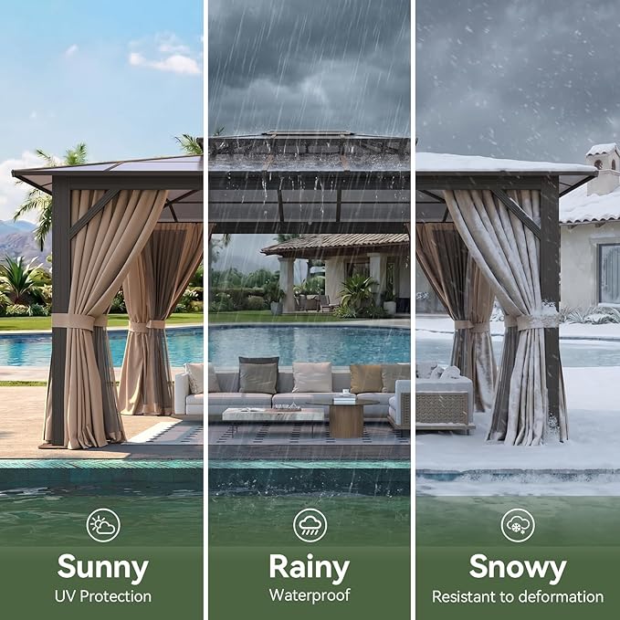 12’x14’ Hardtop Gazebo with Double Polycarbonate Roof Outdoor Metal Gazebo Sturdy Aluminum Frame & Removable Curtains, Netting Permanent Pavilion Pergola for Garden,Patio,Lawn (Brown)