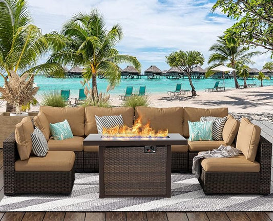 Patio Furniture Set with Fire Pit Table, Outdoor Sectional Rattan Sofa Set, Patio Set Seating Furniture with Thickened Cushions (Beige, 7 Pieces)