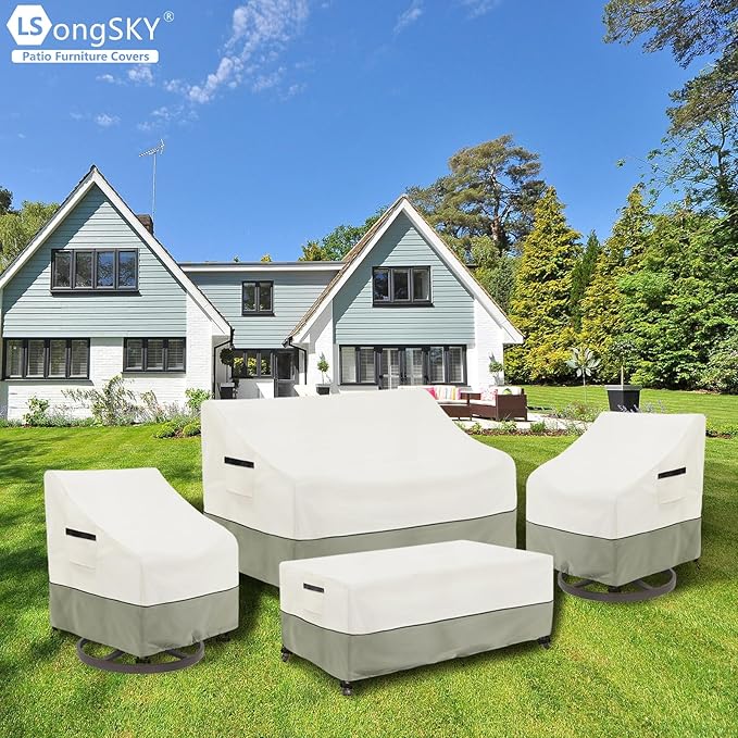 Patio Furniture Covers 4 Piece Set, 600D Heavy Duty Outdoor Furniture Covers Waterproof for Patio 3-Seater Sofa,Swivel Rocker Chair and Coffee Table Furniture Set,White&Grayish Green