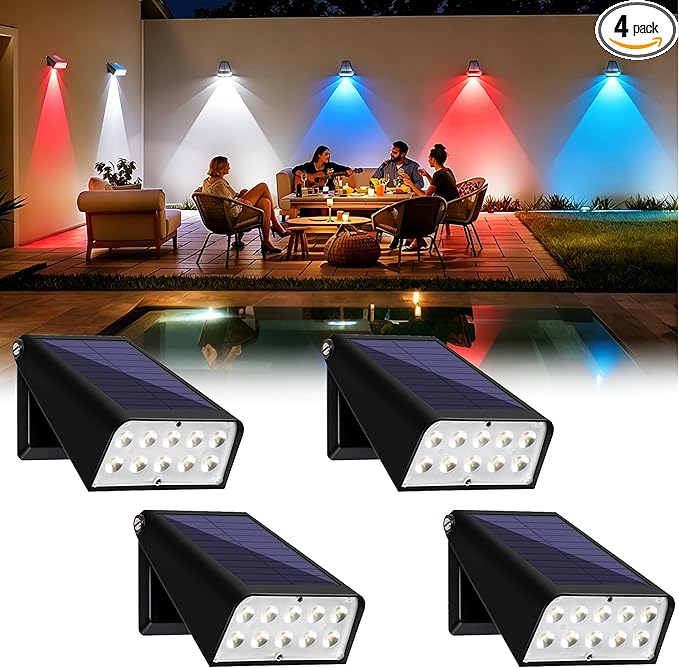 Solar Lights Outdoor Waterproof, 6-Mode RGBW Color Changing, 90° Adjustable, Auto On/Off, Father's Day Mother's Day 4th of July Decor for Fence, Patio, Garden, Yard, Pathway, Porch (4-Pack)