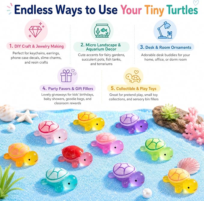 50 Pcs Small Glow in The Dark 3D Resin Turtles Miniatures | Garden Figurines, DIY Dollhouse Fish Tank Fridge Wall Art Accessories, Safe Durable Non Fading, 10 Colors