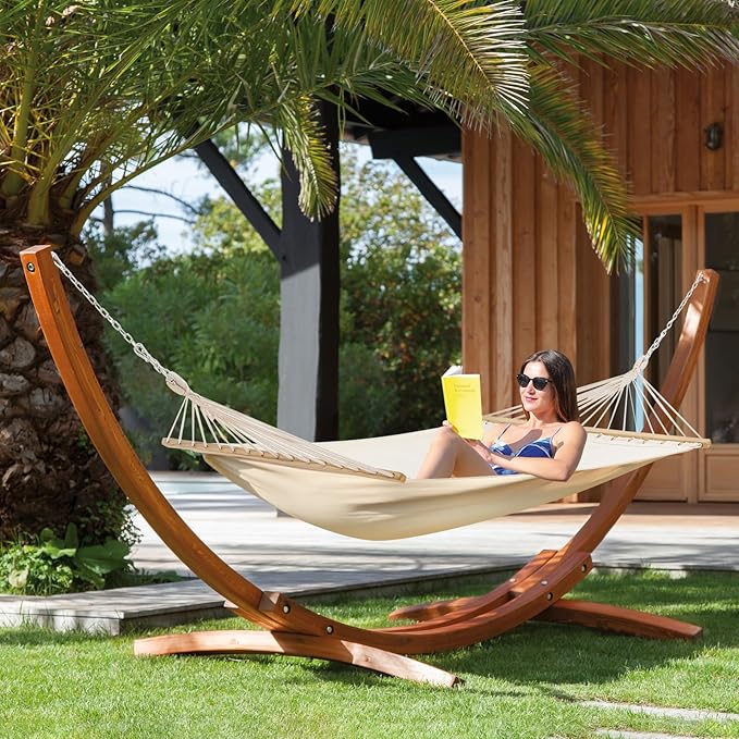 ECOTOUGE 14 FT Hammock with Stand, 2 Person Heavy Duty Hammock Stand, Large Hammock Bed for Porch, Patio, Balcony, Garden, Backyard, White-Yellow