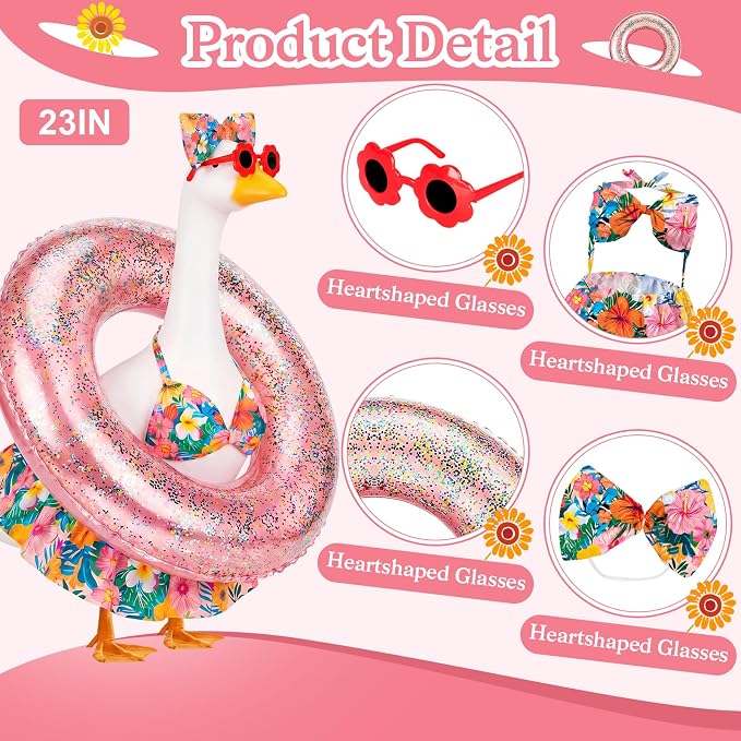 23 in Porch Goose Summer Outfit Bikini, Hawaiian Porch Goose Swimsuit Clothes Costume Accessories with Bow Glasses Swim Ring for 23" Summer Goose Garden Patio Statue Decor (Flower)