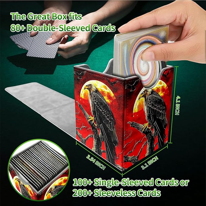 Deck Box for MTG, Cards Storage Box Fits 120+ Sleeved, Leather Medium Size Strong Magnetic Closing Card Case for Board Games Magic TCG CCG Baseball Collection, Red Sky Eagle