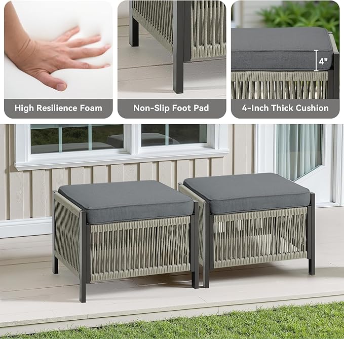 3 Piece Wicker Outdoor Couch, All Weather Rattan 3 Seater Wicker Outdoor Sofa with Ottomans, High Back Deep Seating Patio Conversation Set for Garden Deck Porch (Grey)
