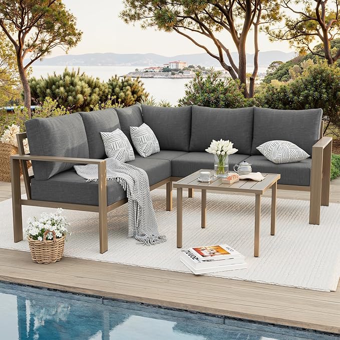 6 Pieces Patio Furniture Set, Wood-Look Metal Outdoor Sectional Furniture Conversation Set, L Shape Patio Couch with Side Table, 6.5" Thick Olefin Cushions for Garden, Backyard, Deck(Dark Grey)