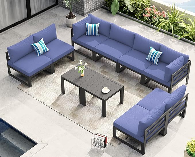 NICESOUL 10 Piece Large Luxury Aluminum Patio Conversation Set, 29" Deep Wide Comfortable Sitting, L Shaped Modular Sectional Couch, 500 lbs Heavy Duty All Weather Outdoor Sofa for Garden, Denim Blue