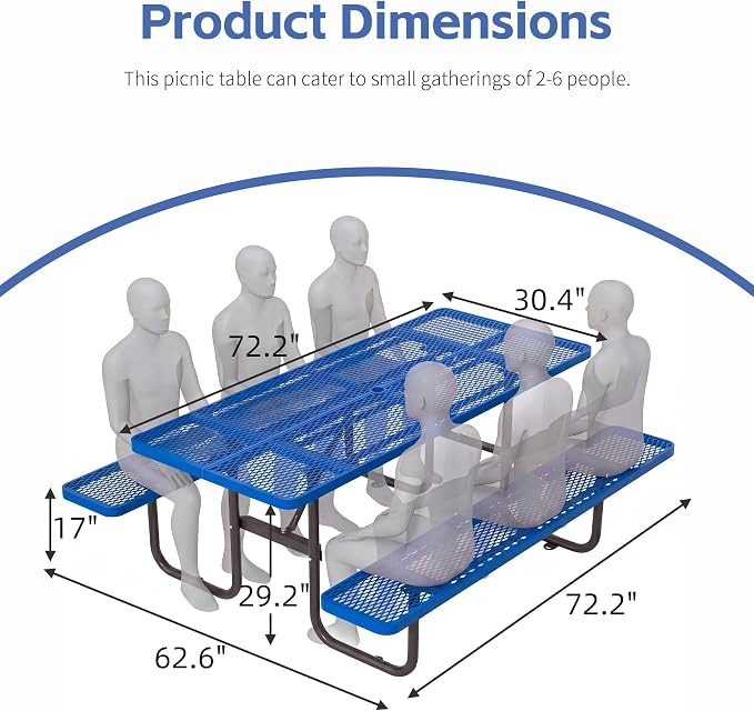 72" Outdoor Rectangular Picnic Table with Umbrella Hole, Heavy Duty Commercial Grade Steel Camping Table for Backyard Patio Deck, Weather-Resistant Blue Metal Mesh