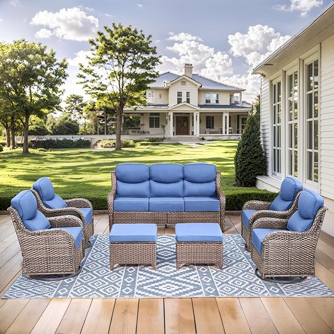 HUMMUH 7 Pieces Wicker Patio Furniture Set with Patio Swivel Chairs Set of 4,High Back Outdoor Sofa Coffee Table Ottomans,6 Inch Thick Cushions Outdoor Conversation Set for Porch, Balcony, Deck