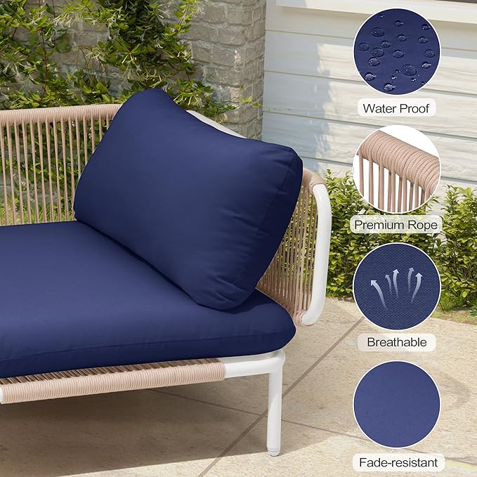 Patio Furniture Set, Outdoor Patio Furniture Oversized Metal Patio Sectional Sofa, 6-Seat Conversation Set with Cushion for Indoor and Outdoor, White Frame and Blue Mat