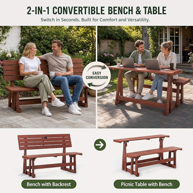 Outdoor Picnic Table 55×29×37"2 in 1 Convertible Wood Bench,UV Protection and Cool Shade Lifetime Camp Stand with Built-In Umbrella Hole,Adjustable Backrest Convert a Patio Dining Set into a Long Seat