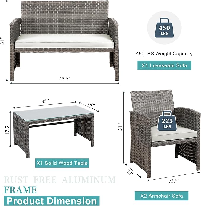 SUNLEI 4 Piece Outdoor Patio Furniture Set, Rattan Chair Wicker Conversation Set, Backyard Porch Garden Poolside Gray Rattan Sofa Chair with Cushion for Outdoor Indoor Use (White)