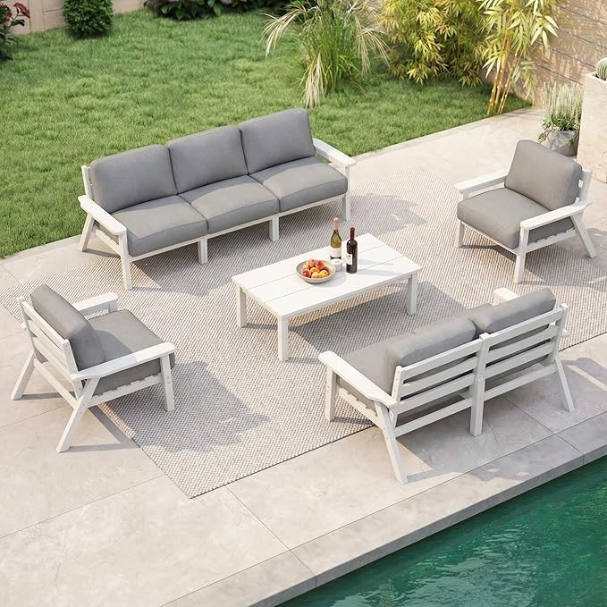 7 Piece Patio Furniture Set, HDPE Outdoor Sectional with Gray Washable Thick Cushions, Coffee Table & Side Table, Patio Conversation Sets for Lawn, Garden, Porch, Balcony (White Frame)
