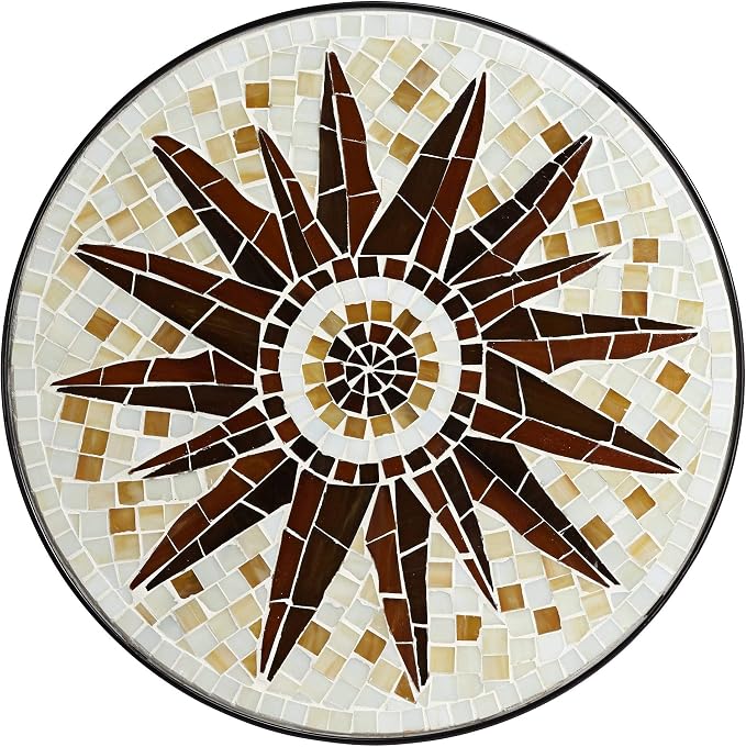 Teal Island Designs Sunburst Modern Black Metal Round Outdoor Accent Side Table 14" Wide Brown Mosaic Tabletop Gracefully Curved Legs for Spaces Front Porch Patio Home House Balcony Deck Shed Yard