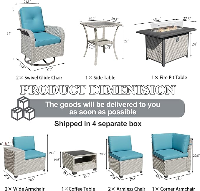 10-Piece Outdoor Patio Furniture Set, Modular Sectional Sofa Set with Swivel Rocker Chairs & Fire Pit, Wicker Outdoor Couch Conversation Sets w/Coffee Table and Cushions, Turquoise