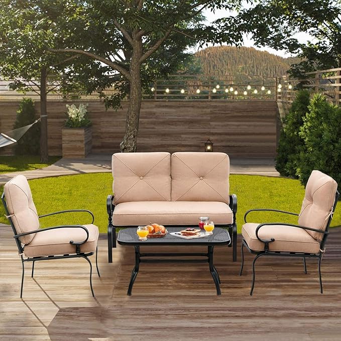 Outdoor Furniture Patio Conversation Set Loveseat, 2 Chairs, Coffee Table with Cushion, Lawn Front Porch Garden, Metal Chair Set Wrought Iron Look(Brown)