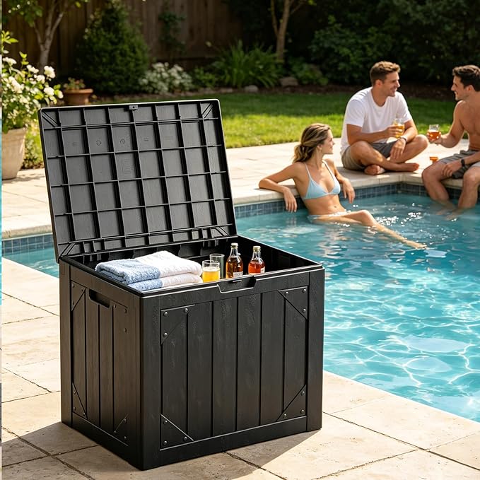 30 Gallon Outdoor Deck Box 4 Pack, Waterproof Resin Patio Storage Boxes with Lockable Lid, Small Outdoor Storage for Cushions, Accessories, Garden Tools, Indoor Outdoor Organizer, Black
