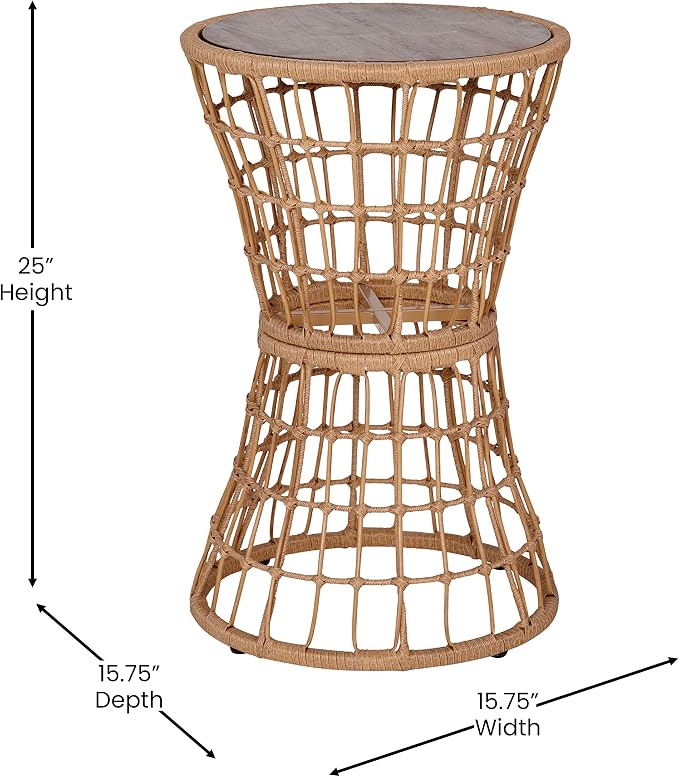 EMMA + OLIVER Ari Indoor/Outdoor Patio Table - Natural Finish Faux Rattan Rope - Acacia Wood Top - Powder Coated Steel Frame - 200 lb. Static Weight Capacity