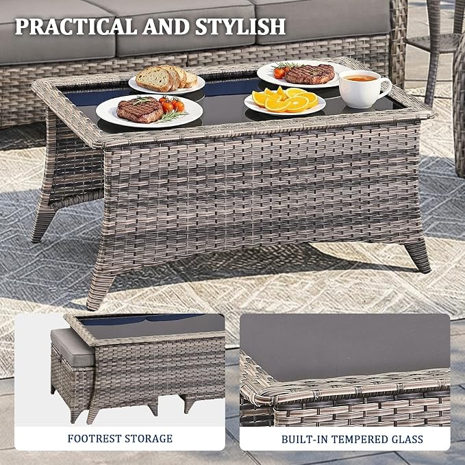 Luxury Swivel Rocker Chair Sofa Set with 6" Thick Cushions,7-Piece Wicker Patio Chair with Coffee Table and Ottoman,Outdoor Comfortable High Back Chair Patio Furniture Set - Gery | Gery