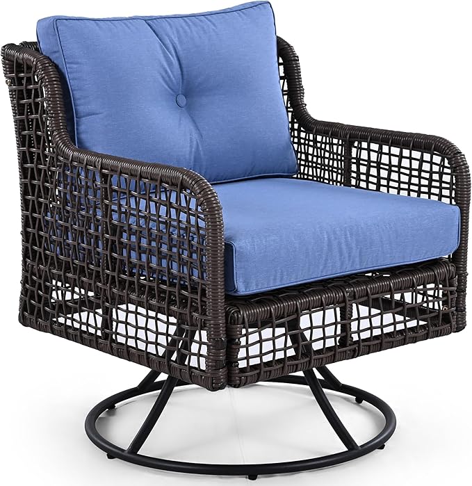 4-Piece Outdoor Wicker Sectional Sofa Set, All Weather Patio Conversation Set with 3-seater Sofa, 2 Swivel Chairs and Coffee Table, Cushions, Suitable for Poolside Backyard Deck (Blue-Swivel)