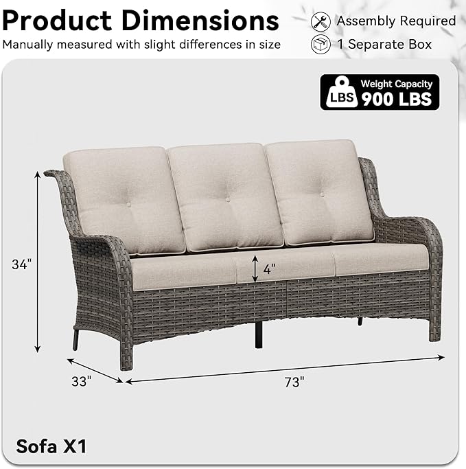 3 Seat Outdoor Couch, Wicker Patio Sofa with Thickened Olefin Cushions, High Back and Deep Seating, Hand-Woven PE Rattan for Porch, Deck, Balcony