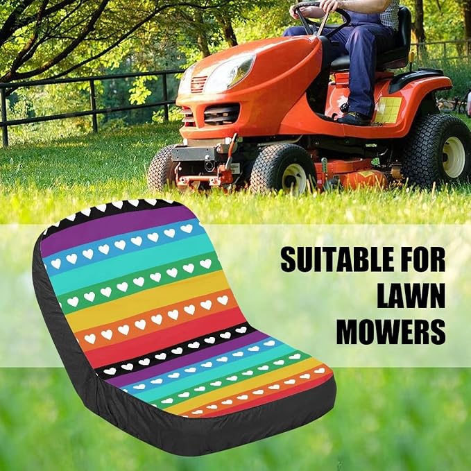 Rainbow Striped Heart Riding Lawn Mower Seat Cover Non Slip Lawn Mower Seat Covers Universal Tractor Seat Protector with Storage Pocket