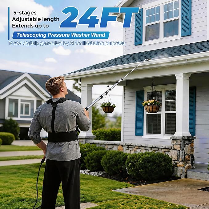 24 FT Telescoping Pressure Washer Wand, Gutter Cleaning Tool with Power Washer Extension Wand, Pivoting Coupling, 7 Nozzle Tips, 4 Adapters, Upgraded Support Belt for Gutter Window (Silver-Brush)