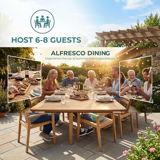 Extendable Outdoor Dining Table, Weather-Resistant Wood Patio Dining Table for 6-8 Person, 67.5"-89.5" Expandable Table with Self-Storing Leaf for Host/Backyard/Porch/Dining Room, Natural
