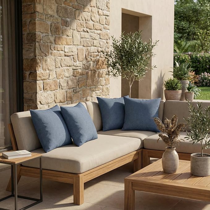 RSH DECOR: Sunbrella Square Throw Pillows Set of 4 | 22" x 22" | Water and Fade-Resistant Performance Fabric | Outdoor Pillow Covers with Down-Alternative Inserts | Made in USA (Sparkle Navy Denim)