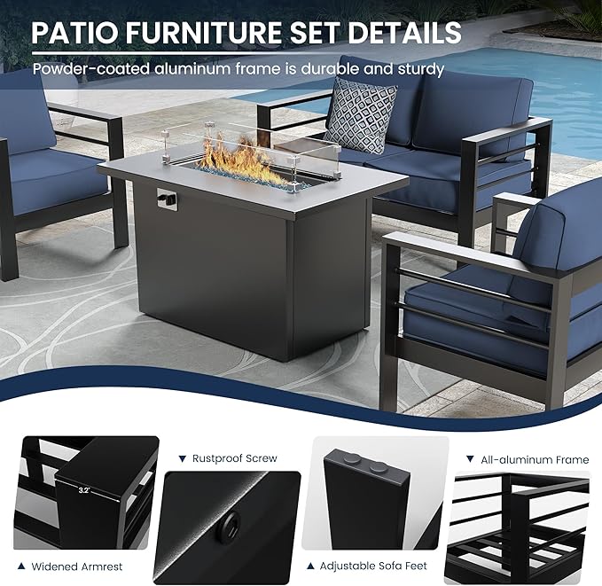 Amopatio Patio Furniture with Fire Pit, 5 Pcs Aluminum Outdoor Sectional Metal Patio Sofa Sets with Aluminum Fire Pit Table for Backyard,Dark Grey&Blue(Included Waterproof Covers)