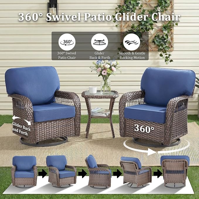 10 PCS Patio Furniture Set Outdoor Sectional Sofa Couch with Rocking Swivel Chairs 5" Deep Seat Chairs, Modern Wicker Rattan Conversation Set, Blue/Brown Wicker