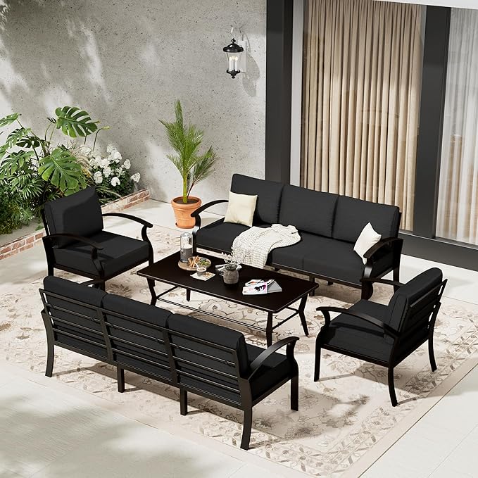 Aluminum Patio Furniture Set with Coffee Table,8 Seats Metal Modern Outdoor Furniture w/5.1" Thick Cushions,Patio Sectional for Patio,Backyard,Black