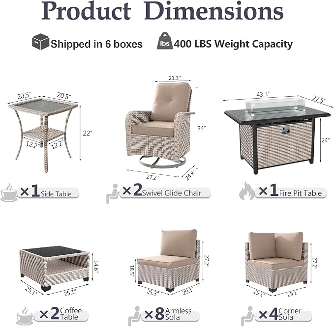 Patio Furniture Set, 18-Piece Outdoor Sectional Sofa with Swivel Rocker Chairs & Fire Pit Table, Wicker Patio Conversation Set with Coffee Table, Khaki Cushions