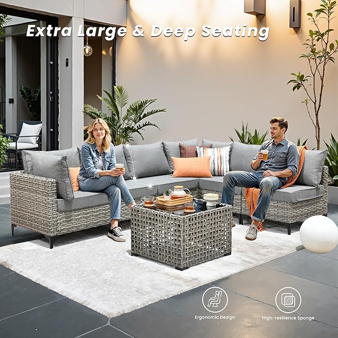 Outdoor Patio Furniture Sets,7 PCS Patio Conversation Set Outside Rattan Sectional Sofa with Coffee Table Fit Backyard Porch Garden Poolside Balcony