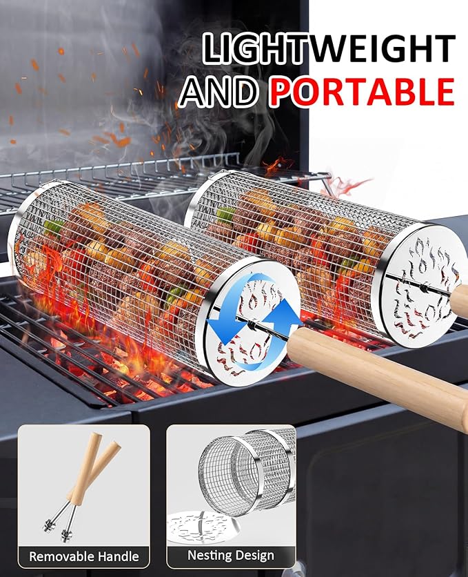 Rolling Grill Basket, Fathers Day Gifts for Dad Husband, Removable Wooden Handle, 304 Stainless Steel, Nesting BBQ Tools for Vegetable, Outdoor Smoker Camping Accessories, Grill Gift for Men Birthday