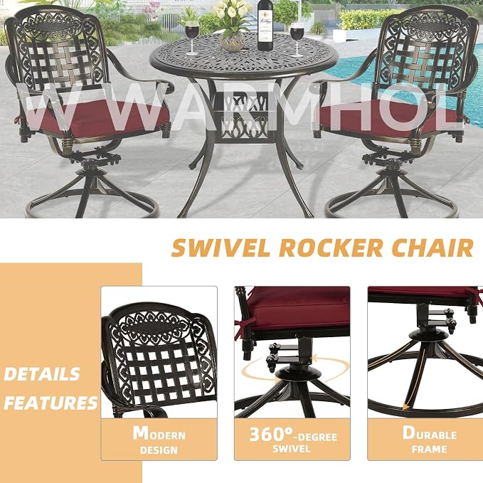 3-Piece Outdoor Patio Dining Set, All-Weather Cast Aluminum Patio Furniture Set for Backyard Garden Deck with 2 Swivel Cushioned Chairs and 35.4” Round Table, 2" Umbrella Hole, Chili Red