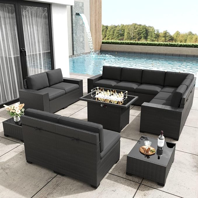 Patio Furniture Set with Fire Pit Table, 13 Pieces Outdoor All-Weather Wicker Conversation Sectional Chair Sofa Set