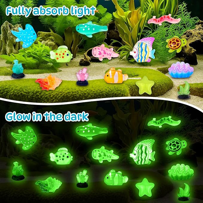 60 Pcs Luminous Mini Resin Ocean Animal Figures Glow in the Dark Small Little Tiny Fish Seashell Coral Miniature Figurines for Crafts Fairy Garden Accessories Micro Landscape Aquarium Decor