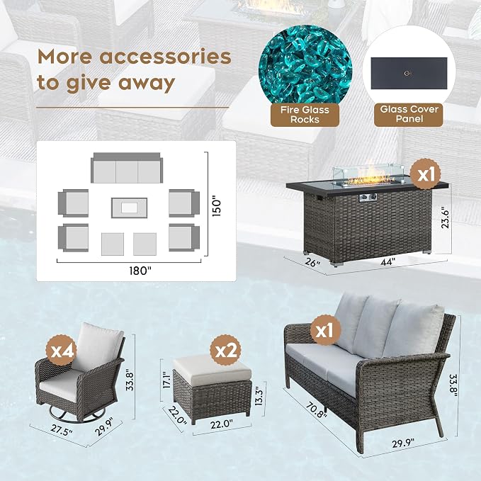 Yechen Patio Furniture Set 8 Peices with 44" Propane Gas Fire Pit Table -2 Wicker Swivel Rocking Chair, Outdoor Sectional Furniture Set with-4.3'' Cushion Conversation Sofa Set for Porch,Backyard