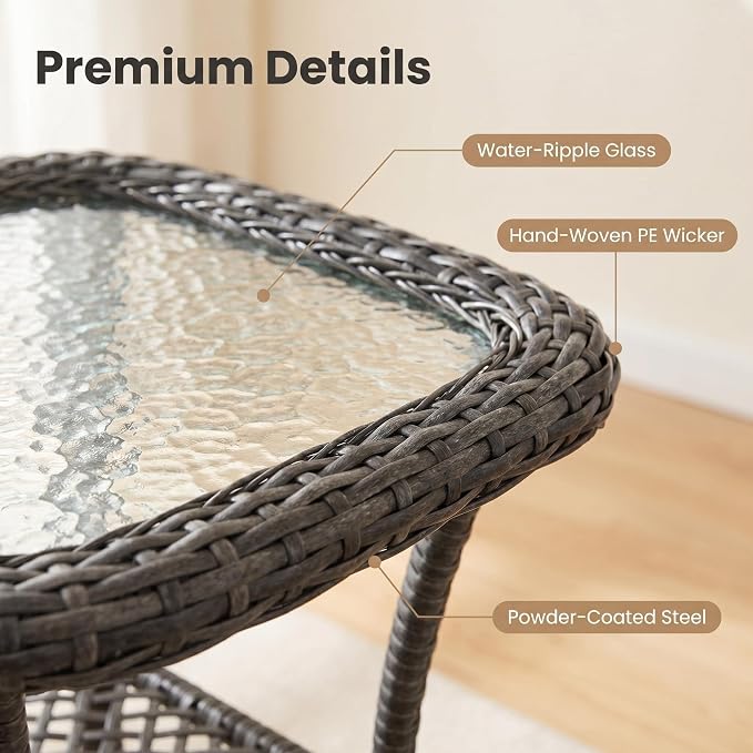 Outdoor Wicker Side Table, Patio End Table with Water-Ripple Tempered Glass Top, Rounded Corners & Floor-Friendly Wrapped Legs, Small Coffee Table for Covered Deck, Balcony, Small Living Room