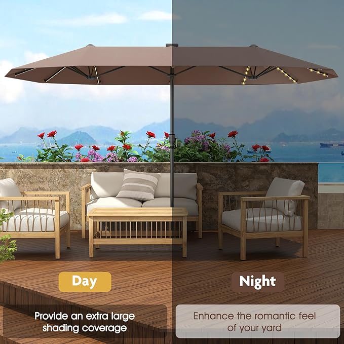 Tangkula 13 FT Large Patio Umbrella w/LED Solar Lights, Crank Handle, 12 Heavy-Duty Ribs, Outdoor Double-Sided Table Market Umbrella Rectangular Twin Parasol for Garden Deck Lawn Poolside (Tan)
