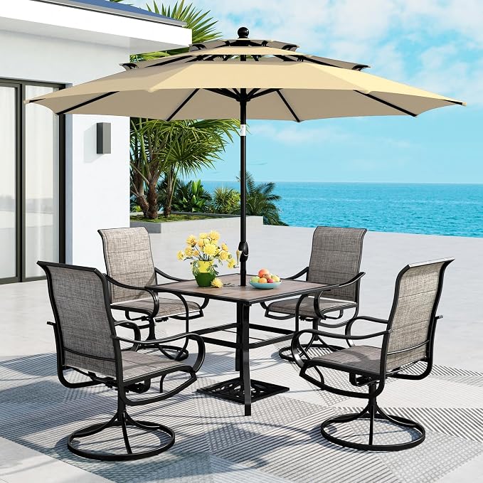 MFSTUDIO Patio Dining Set for 4, Outdoor Furniture Set with Beige Umbrella (Base not Included), Wood-Like Square Table and 4 Swivel Chairs for Patio, Deck, Backyard, Garden