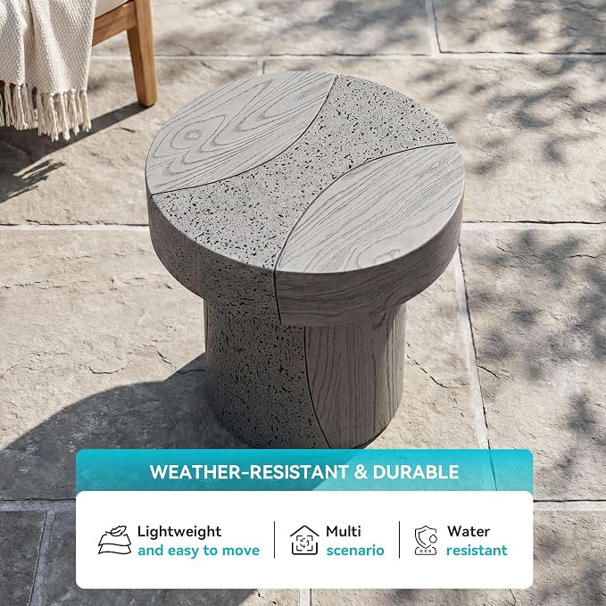 COSIEST MgO Concrete Round Side Table, 19.8 Inch Outdoor Patio End Accent Table Modern Coffee Table for Garden Balcony Backyard, Gray, 1 Pack