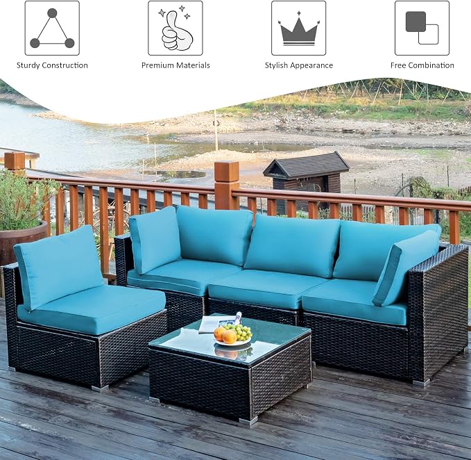 COSTWAY 5-Piece Outdoor Patio Furniture Set, PE Rattan Sofa Chairs with Cushions and Tempered Glass Coffee Table, Conversation Sofa Set for Backyard Garden (Turquoise)
