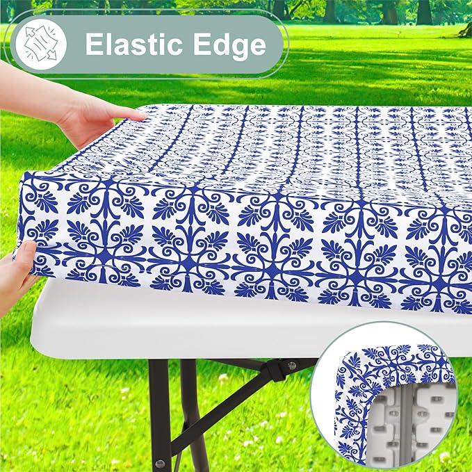 misaya Picnic Table Cover with Bench Cover, Waterproof Elastic Fitted Tablecloth for 8 Foot Tables, Rectangle Washable Polyester Tablecloths for Picnic, Camping, Outdoor (Blue, 30" x 96")