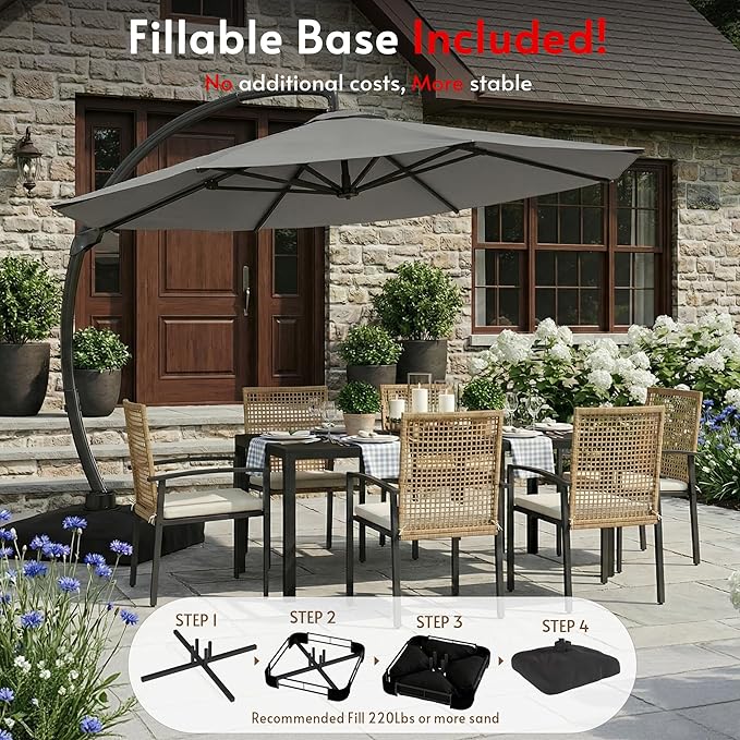 11FT Cantilever Patio Umbrella with Base Included, Large Cantilever umbrella with 360°Rotation, Heavy-Duty Offset Outdoor Umbrella for Patio,Pool,Garden and Backyard (Gray)