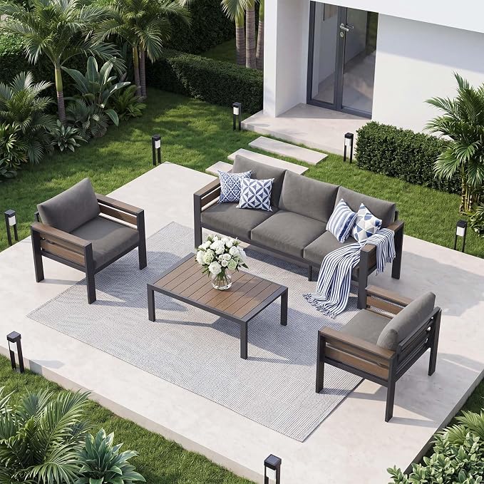 DoCred Aluminum Patio Furniture Set, 4-Piece Modular Patio Conversation Set with Widened Armrests and Thickened Cushions, Metal Outdoor Furniture Set for Porch, Balcony, Deck, Yard, Poolside