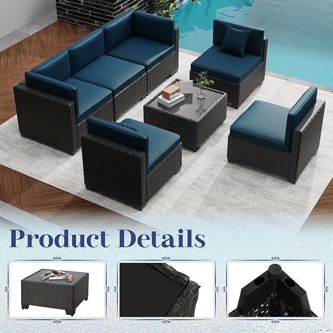 KIGOTY Patio Furniture Set,14 Pieces Modular Outdoor Sectional Sofa, PE Rattan Patio Conversation Set, All Weather Wicker Patio Furniture with Cushions and Coffee Table（Black/Blue）